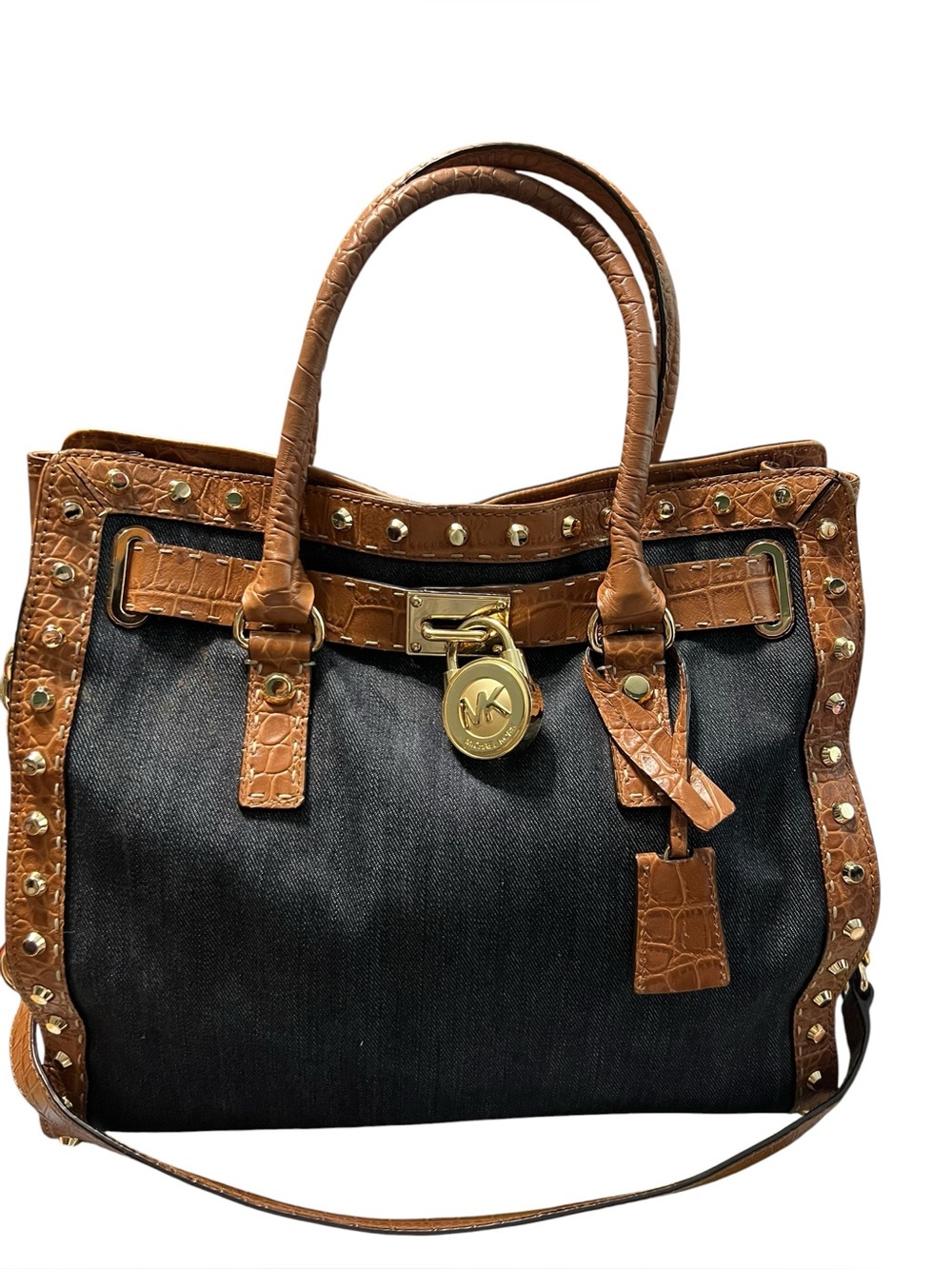 Michael Kors Large Denim Tote with Brown Studded Croc-Embossed Trim